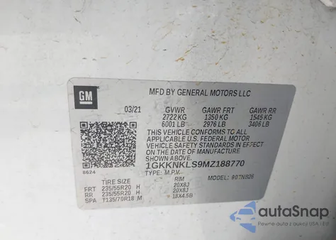 2021 GMC Acadia Fwd Sle z USA, uszkodzony, nr VIN 1GKKNKLS9MZ188770